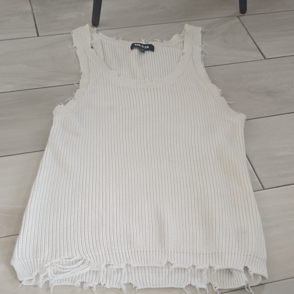 SER.O.YA Cream Distressed Ribbed Tank Top